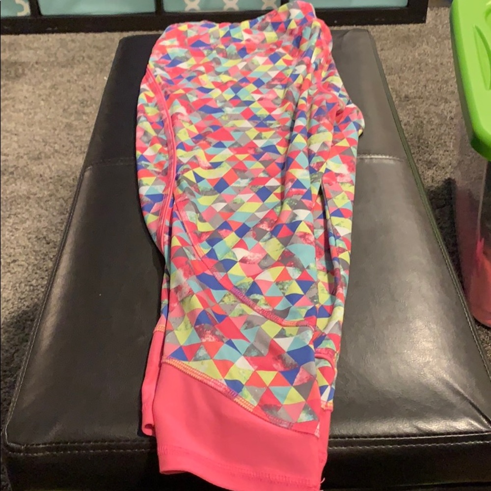 Very colorful workout pants.
